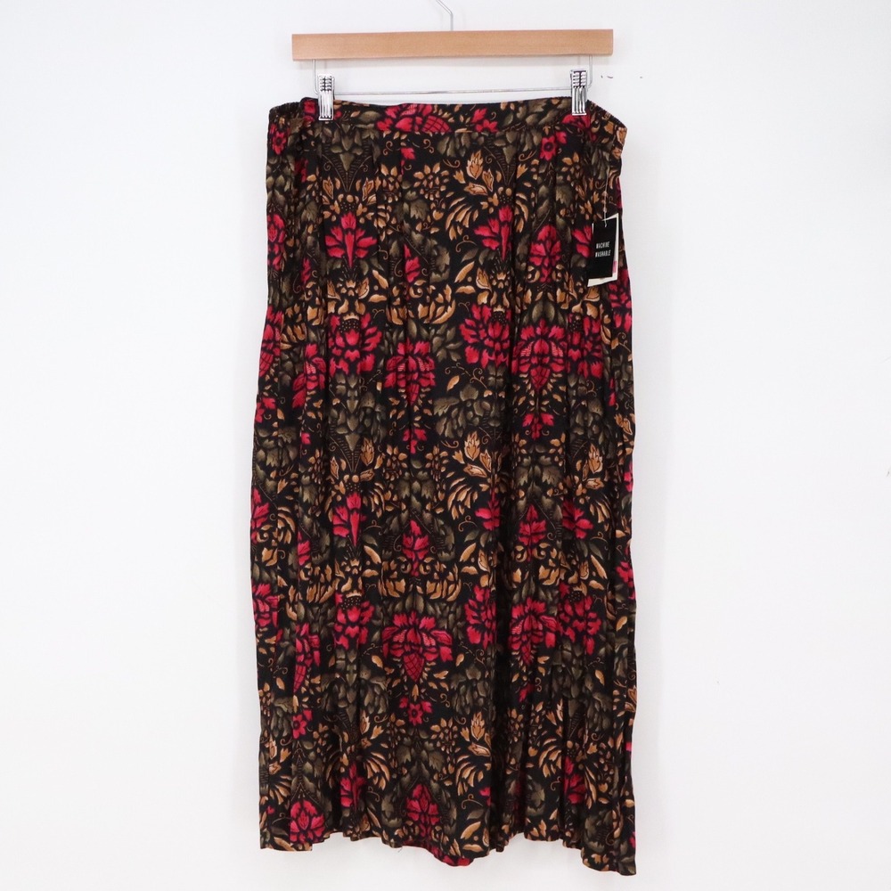 Sag Harbor Skirt Womens 1X Black Red Floral Herringbone Midi NWT